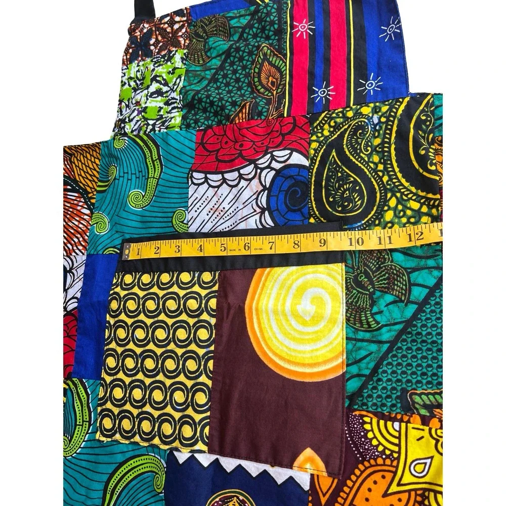 Handmade African Wax Print Patchwork Bib Apron Multicolor Kitchen Cooking Pocket